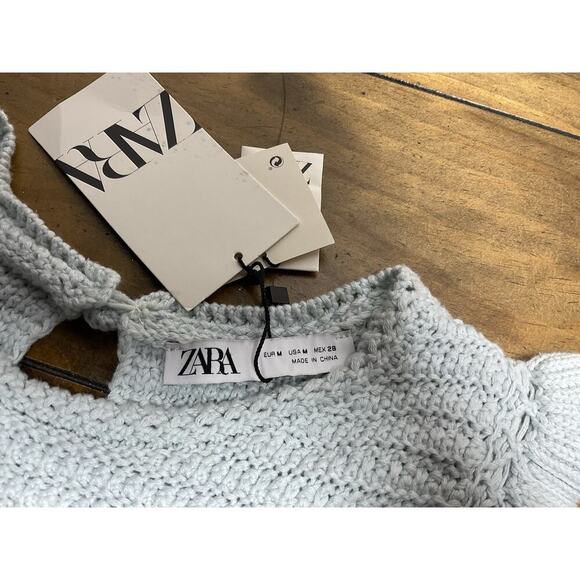 Zara Blue Knit Ruffle Sleeve Crochet Top Medium NWT - Picture 4 of 11